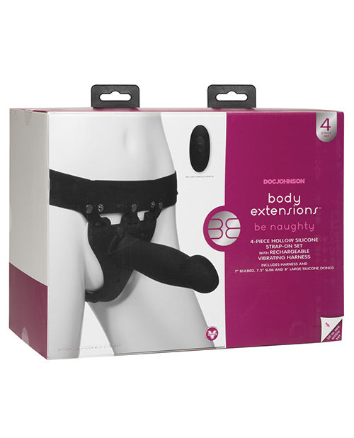 Body Extensions Be Naughty Vibrating 4 Piece Strap On Set - Black