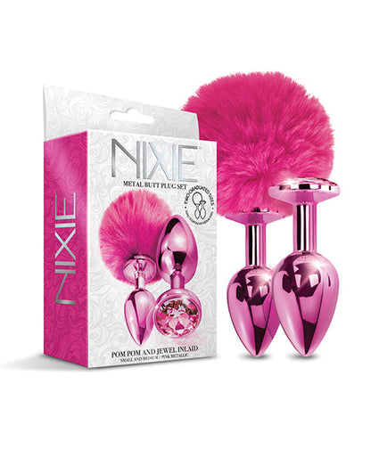 Nixie Metal Butt Plug Set w/Jewel Inlaid & Pom Pom - Pink Metallic