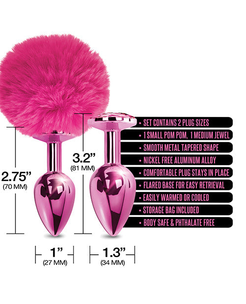 Nixie Metal Butt Plug Set w/Jewel Inlaid & Pom Pom - Pink Metallic