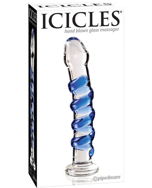 Icicles No 5 Realistic Dildo | Hand Blown Glass Dildo Massager | Clear Blue Swirl Big Dildo