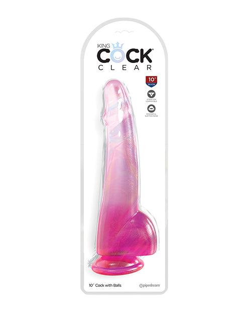 King Cock Large Dildo | Clear 10" Big Dildo with Balls | Pink Dildo | Suction Cup Dildo