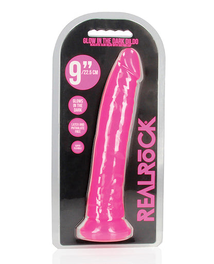 Shots RealRock 9" Big Dildo | Slim Neon Pink Dildo | Glow in the Dark Suction Cup Dildo