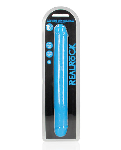 Shots RealRock 15" Big Dildo | Glow in the Dark Giant Dildo | Neon Blue Double Sided Dildo